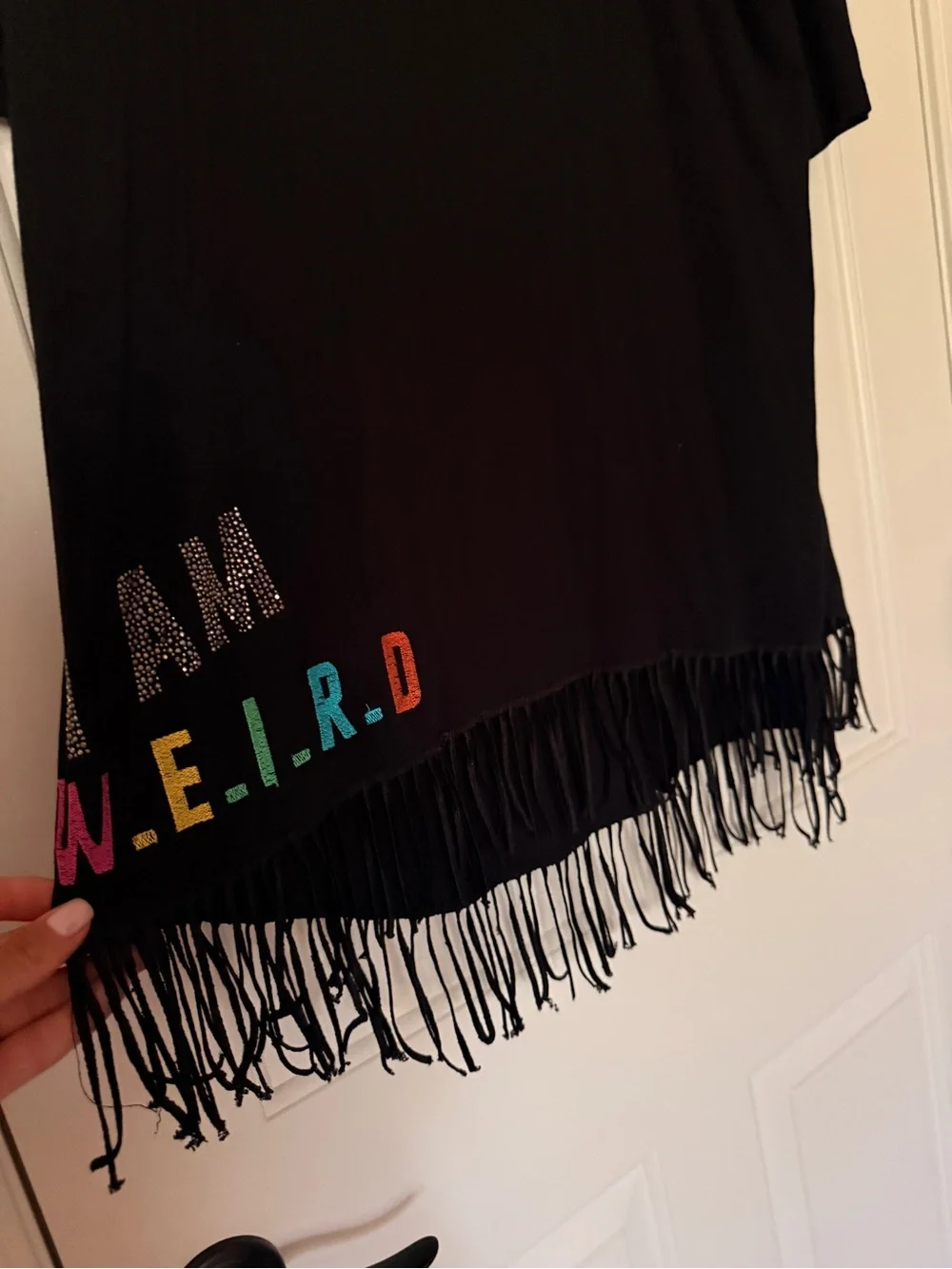 Black Fringe Tunic with Multicolor Embroidered Lettering